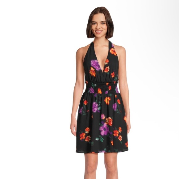 Chic Backless Floral Dress - Black with Red and Purple Accents - Picture 1 of 5